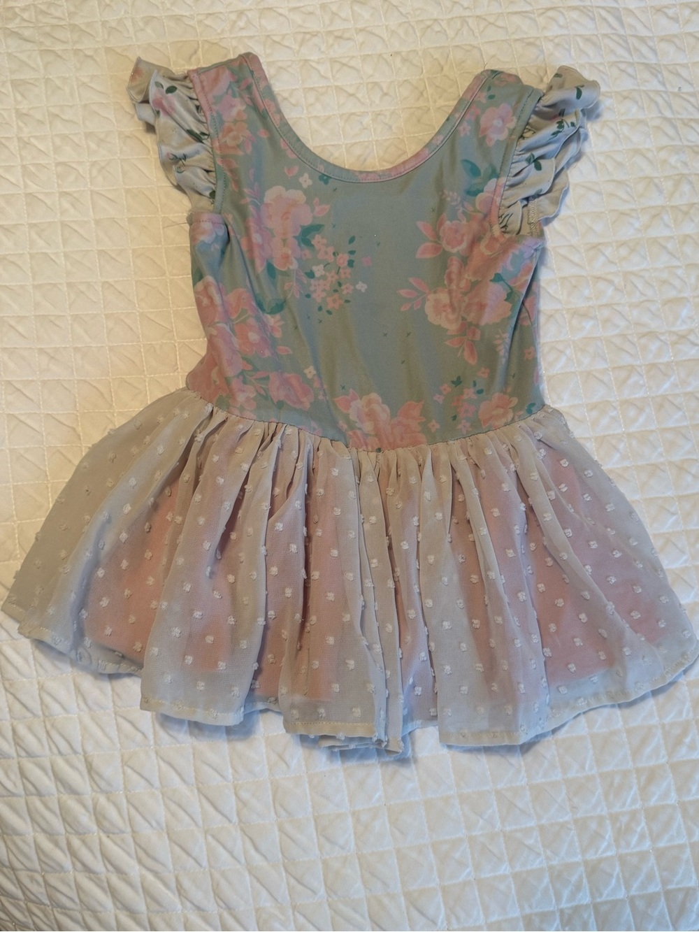Cheeky Plum ‘Farrah’ Pastel Floral Leotard w/Swiss Dot Layered Twirl Skirt